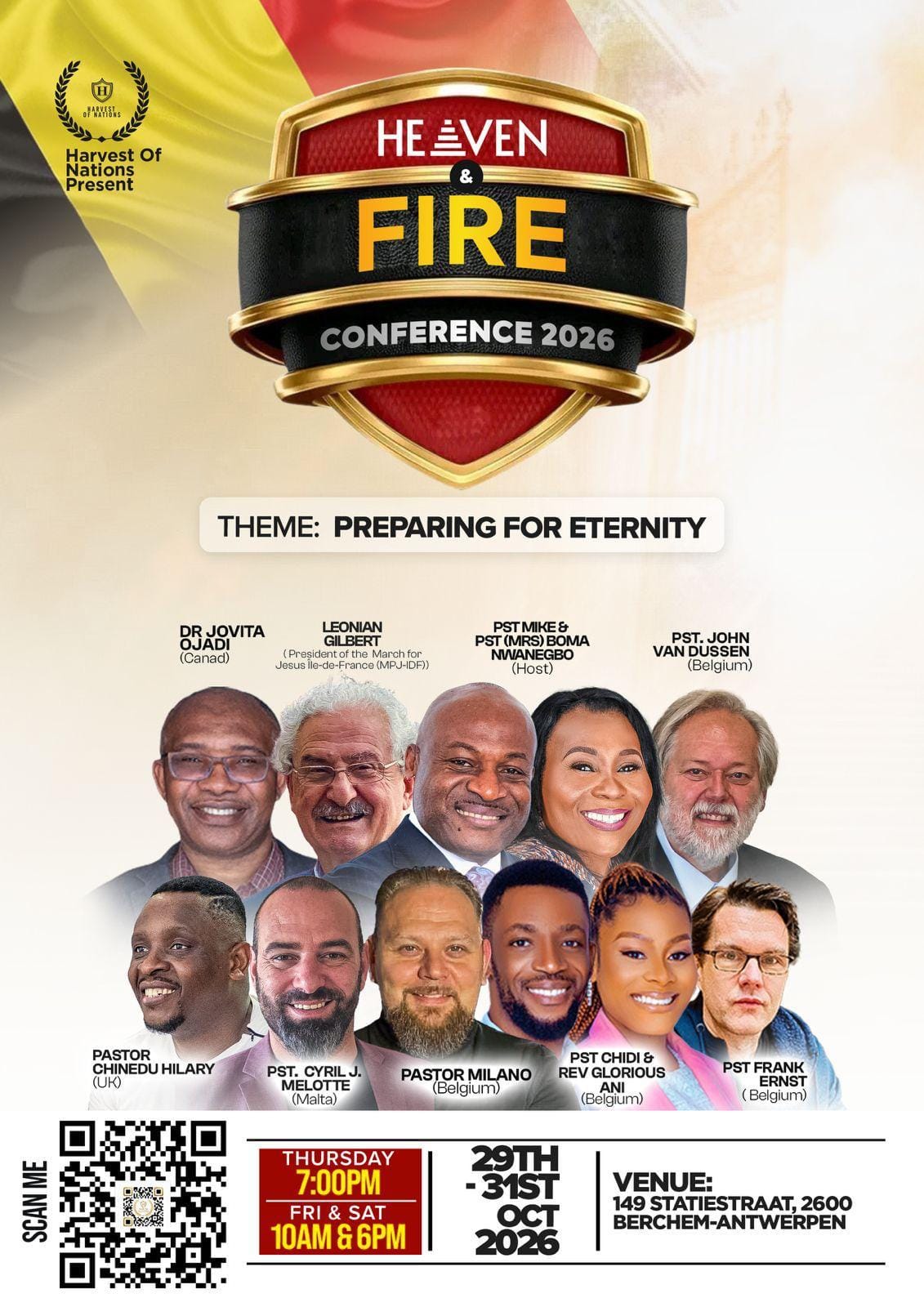 Flyer for the Heaven & Fire Conference 2026, Preparing for Eternity, 29 to 31 October at Statiestraat 149, with the guest ministers and times