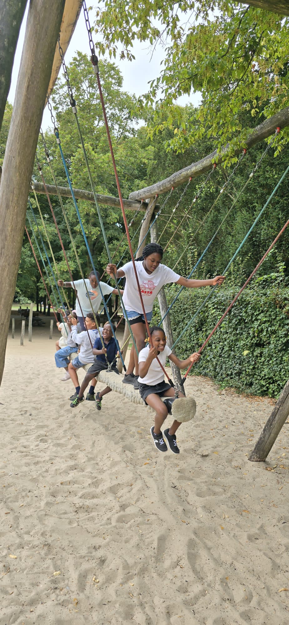 Children playing together on the rope swing during an outing