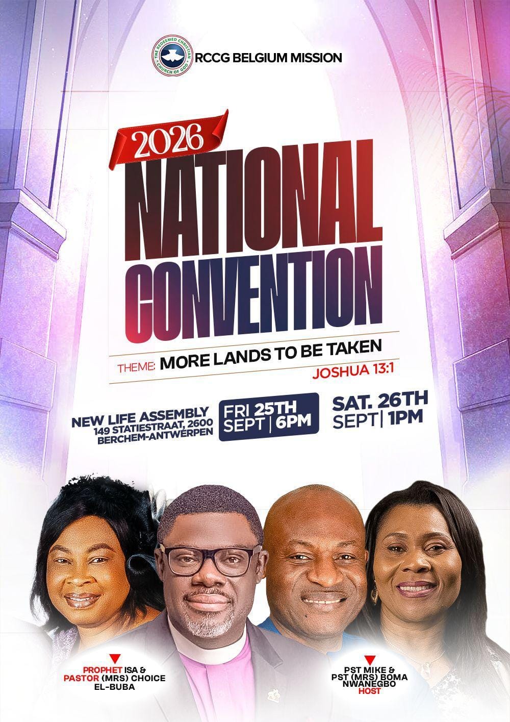 Flyer for the 2026 RCCG Belgium National Convention, 25 and 26 September at Statiestraat 149