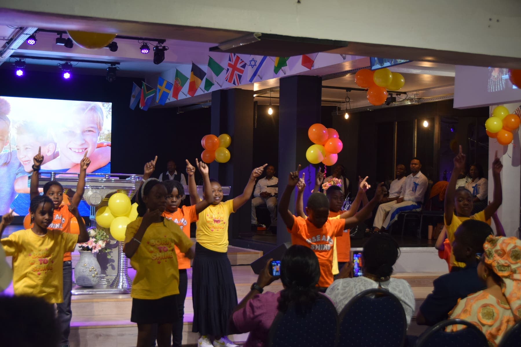 The hall during the children’s programme, congregation and children together